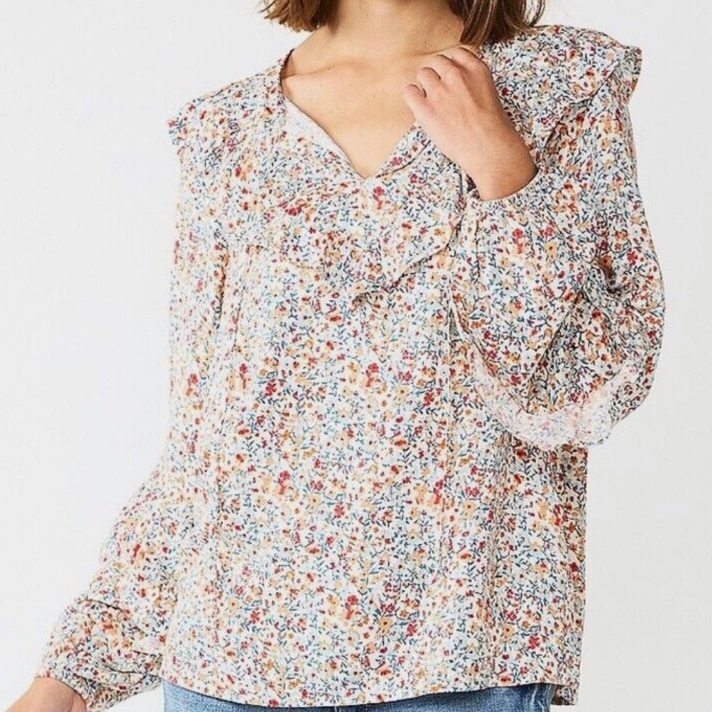 Sonoma Ruffle Peasant V-Neck Tie Long Sleeve Top Ivory Red Blue Floral Print 1X
